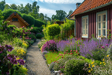beautiful summer garden with really existing bushes in a scandinavian village with woodhouse