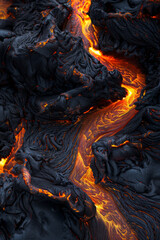 Textured surface of molten lava, featuring glowing orange hues and flowing streams. Molten lava textures offer a dramatic and intense backdrop