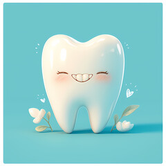 3D Animated Tooth Character with a Cheerful Smile and Heart-shaped Eyes for Health Education or Marketing Graphics