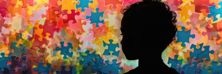 horizontal banner, Autistic Pride Day, World Autism Awareness, African-American curly-haired little boy on the background of a multi-colored puzzle wall, side view, rainbow background of puzzle pieces