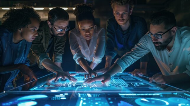 Diverse group of people in dark room viewing futuristic interface on computer screen - Powered by Adobe