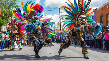 Vibrant carnival dancers in traditional costumes Cinco De Mayo