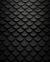 A close-up view of overlapping black scales creating a sleek, dark, and elegant texture, reminiscent of dragon skin or reptilian armour. Ideal for a mysterious or fantasy-themed background.