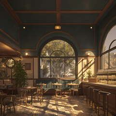 Elegant Cafe Corner with Stylish Archways and Sunlit Ambiance