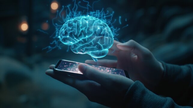 Conceptual image of two people holding smartphones with glowing brain on the screen, symbolizing digital technology and human intelligence