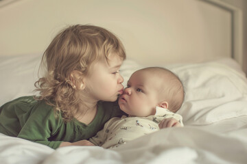 baby girl with her new born baby brother, siblings love