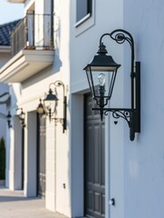 Black outdoor wall light on white exterior walls