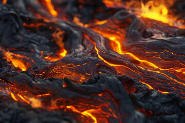 Textured surface of molten lava, featuring glowing orange hues and flowing streams. Molten lava textures offer a dramatic and intense backdrop