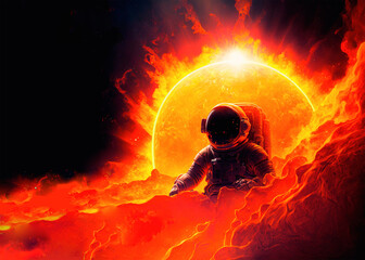 futuristic astronaut bathes in molten hot magma or in boiling ocean of fire from Sun. problem of global warming, cyborgization of humanity. influence of Sun on life on Earth, solar flares - obrazy, fototapety, plakaty