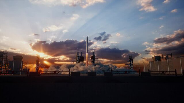 Launch Pad Complex, Successful Rocket Launching With Crew On A Space Exploration Mission. Flying Spaceship Blasts Flames And Smoke On A Take-Off. Humanity In Space, Sunset Time