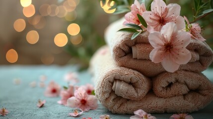   A table holds a stack of folded towels, with pink flowers arranged on top