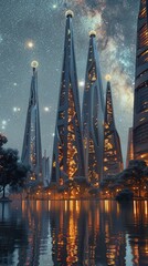 Futuristic cityscape with illuminated towers - obrazy, fototapety, plakaty