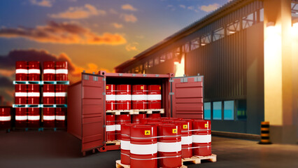 Fuel barrels near industrial hangar. Sea container with petroleum products. Fuel supplies....