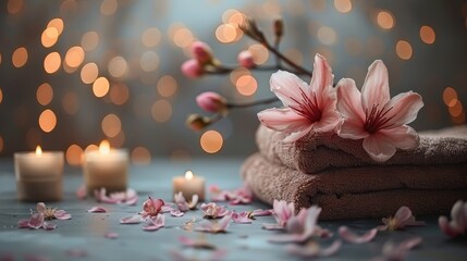   A few towels atop a table, beside a lit candle and a cluster of pink blooms