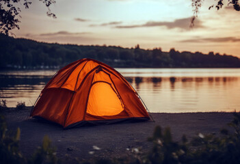 Orange lake lit tent tourist sunset