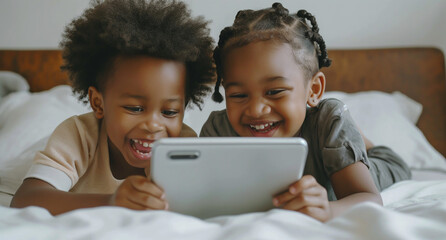african siblings brother and sister playing game watching movie on tablet smart phone