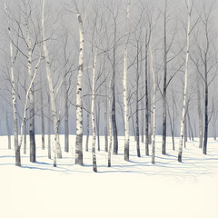 Glistening Snow on Sunlit Birch Tree Forest