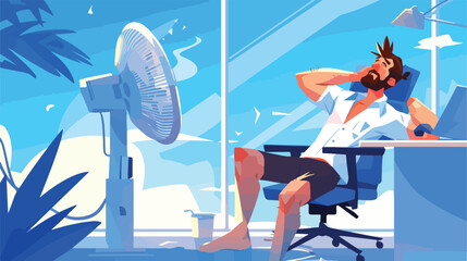 Man works in hot weather sitting undressed in chair