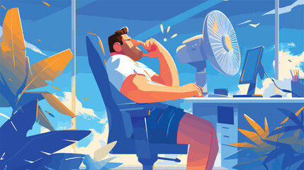 Man works in hot weather sitting undressed in chair - obrazy, fototapety, plakaty