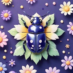 Cute beetle insect with flower, 2d anime made for kids, hornless female beetle animal