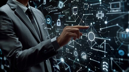 Business person interacts with futuristic digital interface with icons related to tech and security. Created with Generative AI