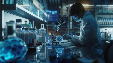 Scientist examining samples in a modern lab, with a focus on a virus model, portraying medical research. Created with Generative AI