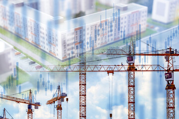 Growth construction industry. Multi-storey buildings near tower cranes. Construction price growth...