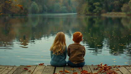 two children sitting on the edge of an old lake, brother sister siblings, young love