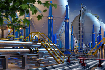 Industrial landscape. Factory exterior. Manufactory on summer evening. Spherical high pressure...