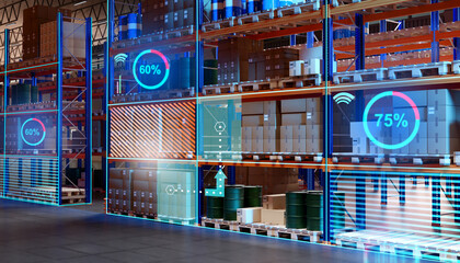 Futuristic warehouse. Retail company storage. Warehouse building with high racks. Virtual screens near storage areas. Numbers show how full warehouse shelves are. Futuristic fulfillment. 3d image