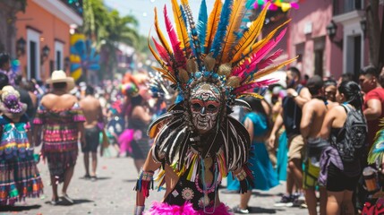 Vibrant carnival dancer in costume at street parade Cinco De Mayo