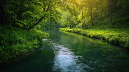 A peaceful river winding through a lush green forest -