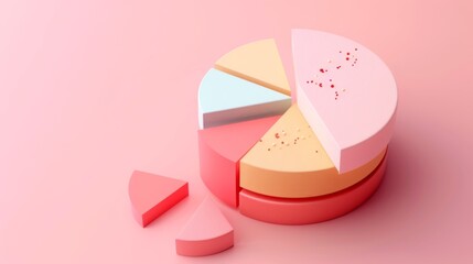 A multi-layered 3D pie chart exhibits a corporate revenue breakdown, rendered in soft clay textures against a blush pink backdrop, symbolizing detailed financial analysis.