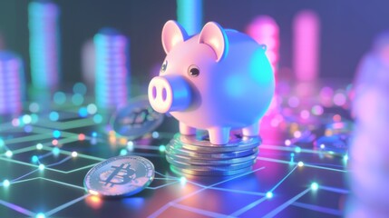 Piggy bank perches atop a stack of cryptocurrency coins, amidst a neon-lit digital matrix. Artfully merges the traditional concept of savings with the cutting-edge world of blockchain investments.