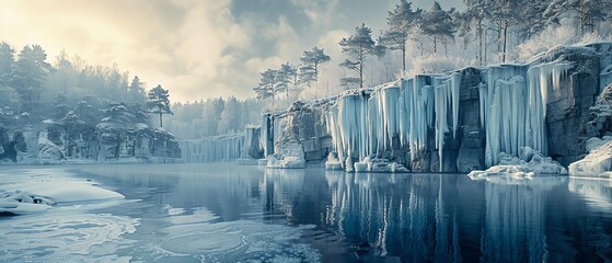 Jagged cliffs of frozen water jutting out of a serene lake - obrazy, fototapety, plakaty