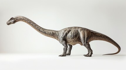 Fototapeta premium A Diplodocus extends its long neck and tail across the frame. The neutral backdrop highlights the detailed texturing and lifelike appearance of this peaceful giant from the Jurassic period.