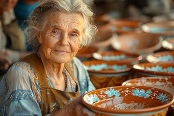 An elderly woman with gray hair and wrinkles is holding a ceramic bowl. She is wearing a blue apron and has a warm smile on her face. There are other ceramic bowls on the table in front of her. - Powered by Adobe