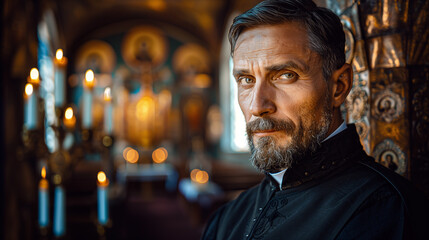 Fototapeta premium Portrait of a priest in a church. (Ai generated)