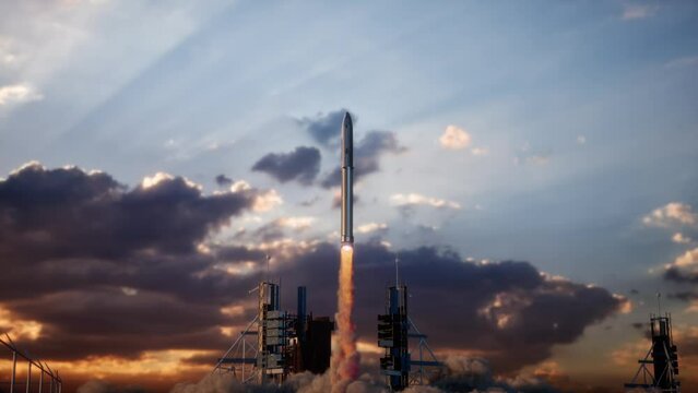 Launch Pad Complex, Successful Rocket Launching With Crew On A Space Exploration Mission. Flying Spaceship Blasts Flames And Smoke On A Take-Off. Humanity In Space, Sunset Time