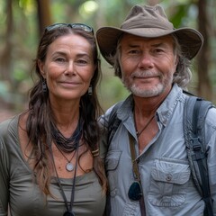 An older man and woman are standing in a lush green forest. The man is wearing a hat and the woman is wearing a necklace. They are both smiling.