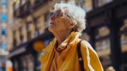 Elderly Woman Contemplating Urban Art and Culture. A senior woman with a zest for culture admires the vibrant art and architecture of a bustling cityscape on a sunlit afternoon.