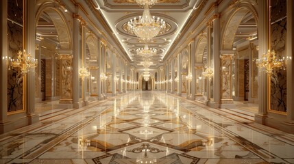 a resplendent hallway in a classic style, featuring ornate chandeliers and elegant marble columns