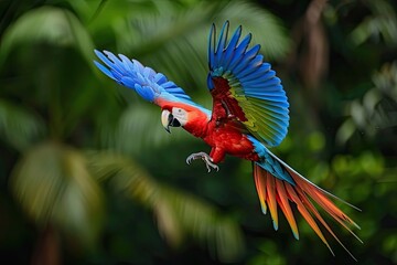 A striking scarlet macaw parrot with vibrant red, blue, and yellow feathers perched among lush green foliage.