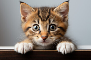 curious little kitten with white paws - obrazy, fototapety, plakaty