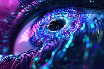Closeup of mesmerizing woman's eye with vibrant blue and purple glowing lights surrounding it in a captivating display of beauty and mystery