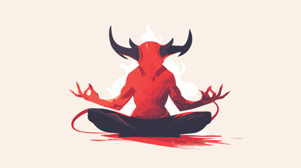 Meditating devil flat vector illustration. Peace an - obrazy, fototapety, plakaty