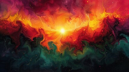 Colorful abstract painting with bright red, orange, yellow, green and blue colors.