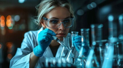  A female scientist wearing a lab coat and safety goggles is carefullyDi Ding ing a liquid into a test tube in a laboratory.