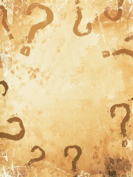 A vintage, sepia-toned background with scattered question marks, giving an aged, mysterious feel. The distressed texture and worn paper effect add to the retro and curious theme.