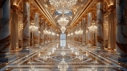 Obraz premium the opulence of a grand, marble hallway with golden accents and sparkling chandeliers